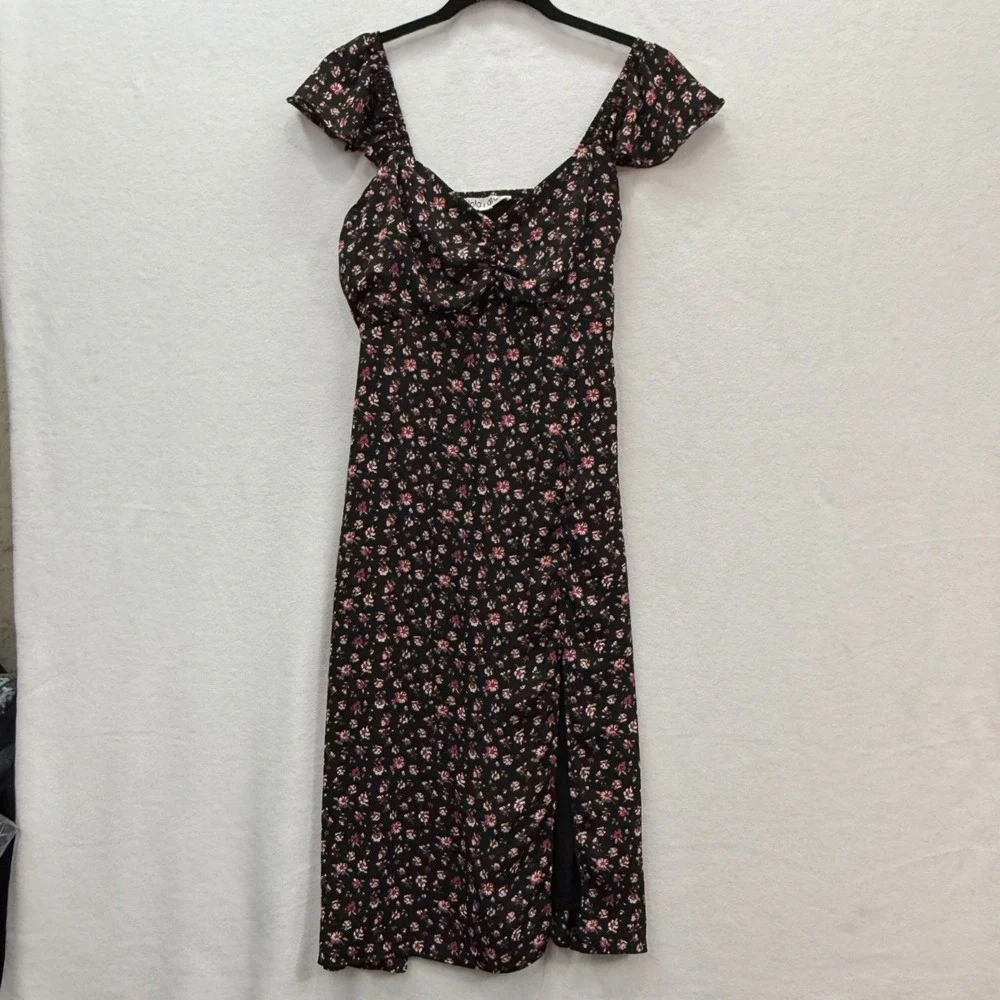 Lola Grace Floral Midi Dress Womens Medium Black Pink Flutter Sleeve Cottagecore